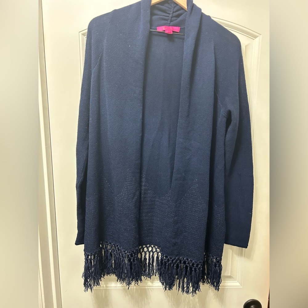 Lily Pulitzer Blue Open-Front Cardigan with Fringe